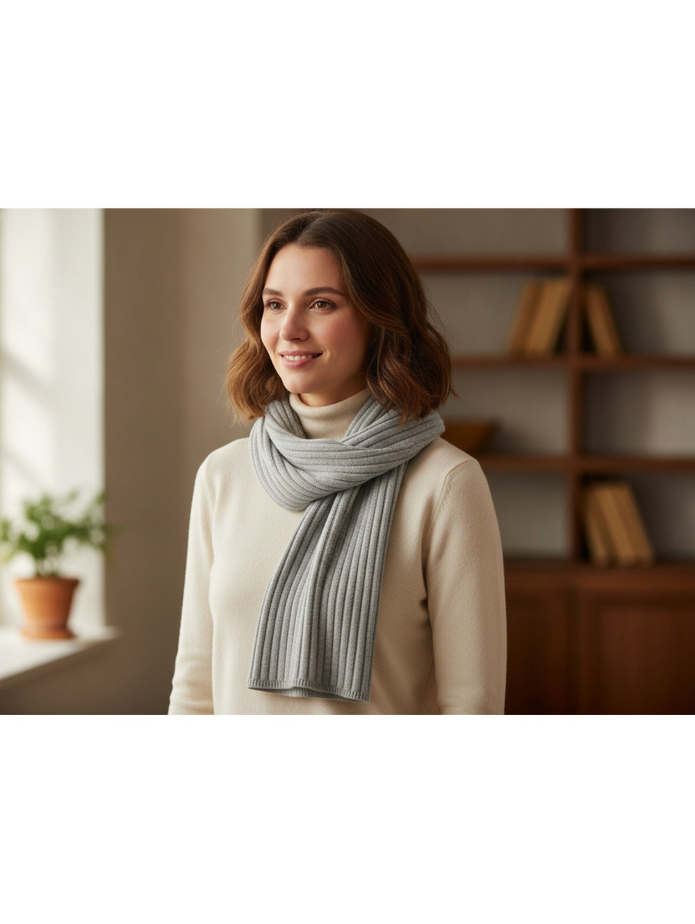 LOFT Gray 100% Cashmere Ribbed Knit Solid Rectangle Scarf for Women Lagenlook